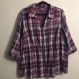 Essentials Pink Plaid 100% Cotton Button Up Shirt: Size 2X
